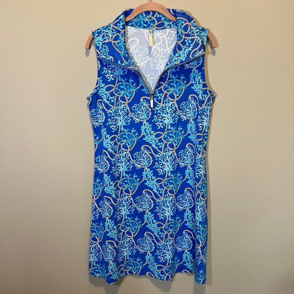 Lulu-B Blue Coral Rope Nautical Print Sleeveless Quarter Zip Dress Large